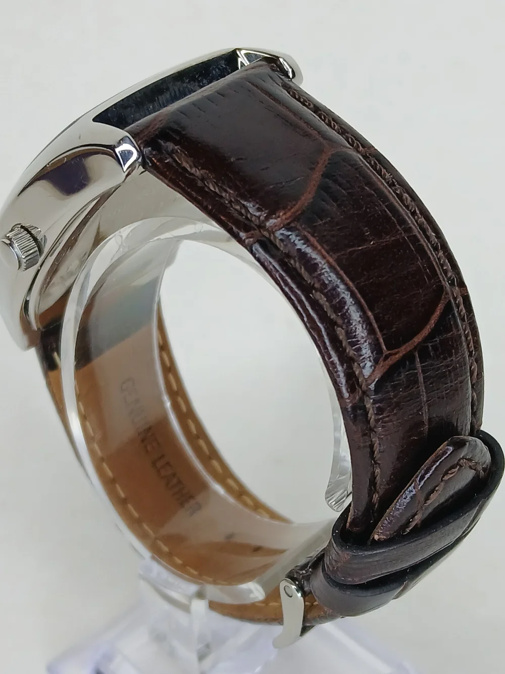 ​GUESS Steel Watch G12550G Tonneau Case Brown Dial Orig Brown Leather Strap